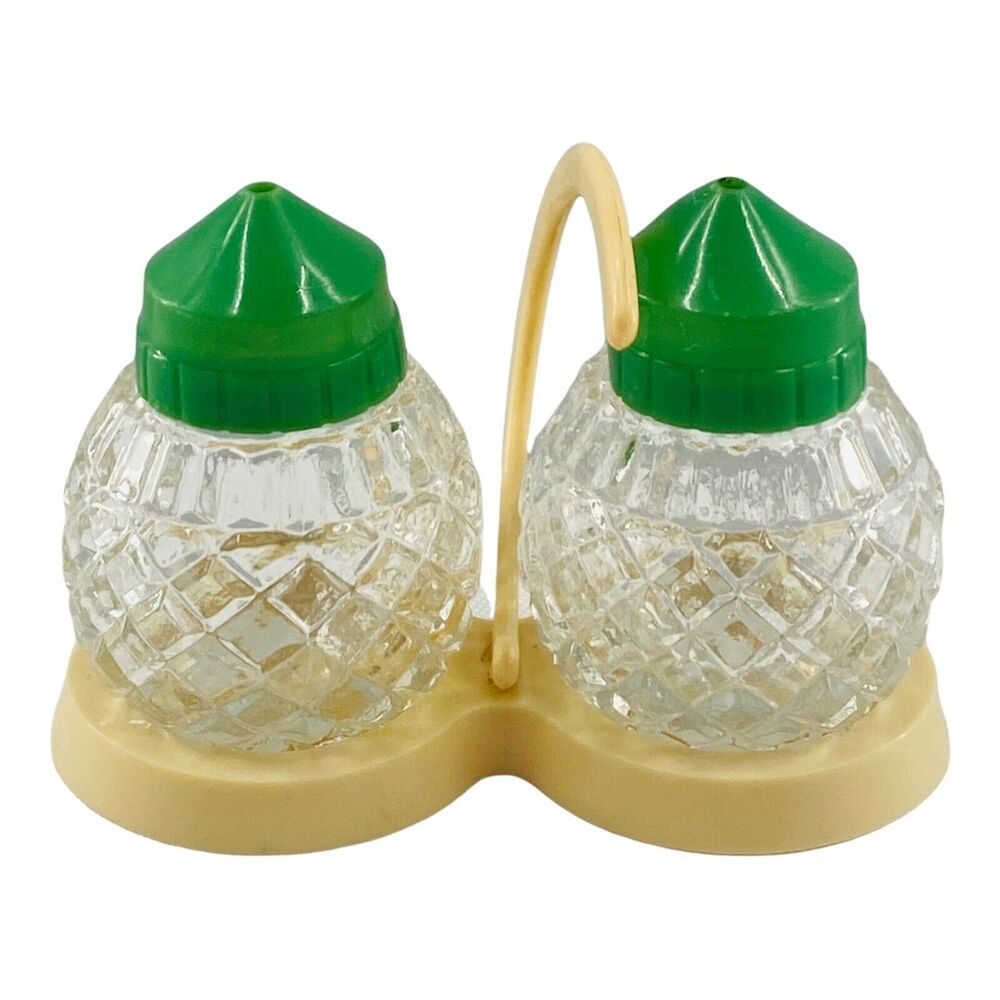MCM Small Cut Glass Green Capped Vintage Salt & Pepper Shakers W/Caddy USA Made